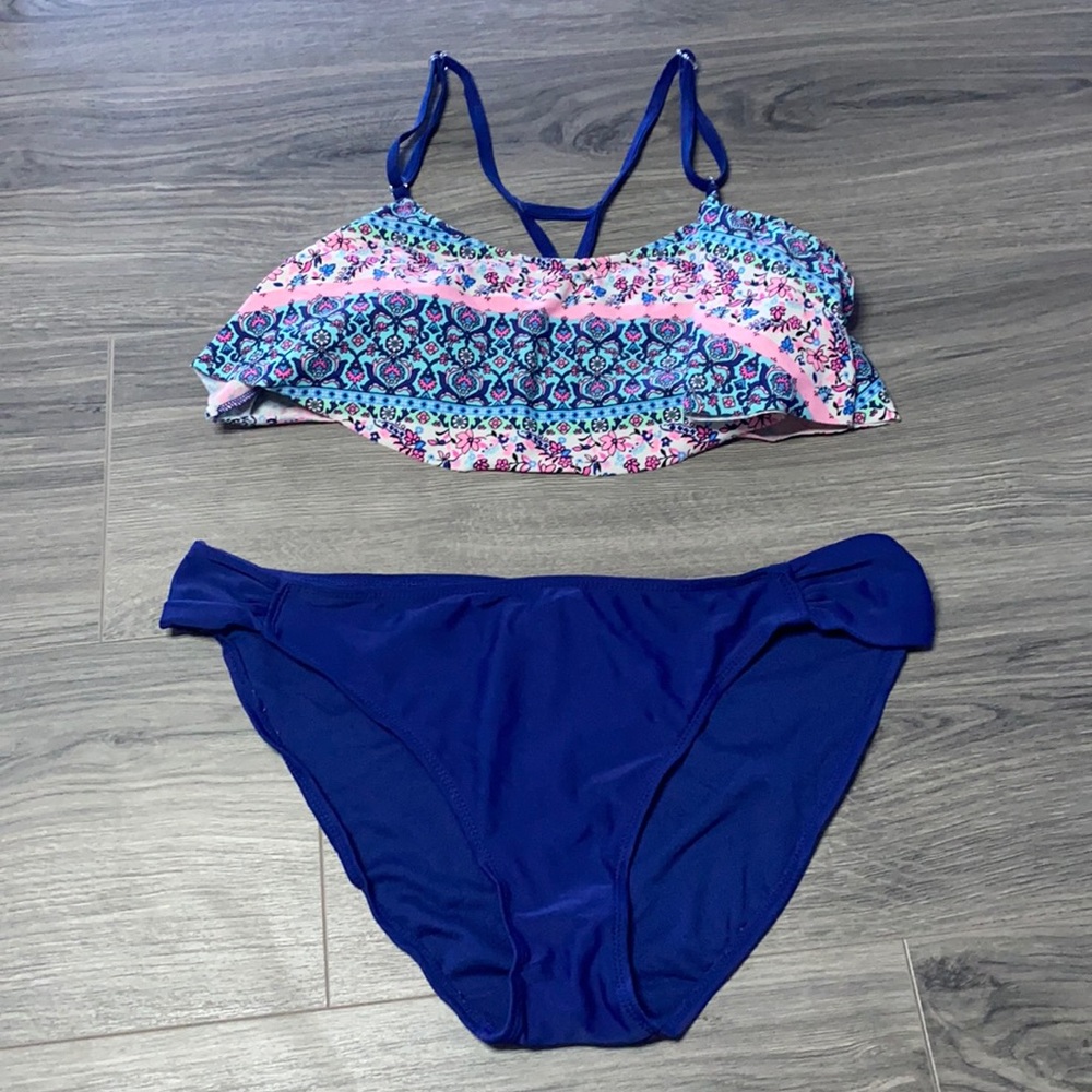 Paisley ruffle bikini with blue bottoms